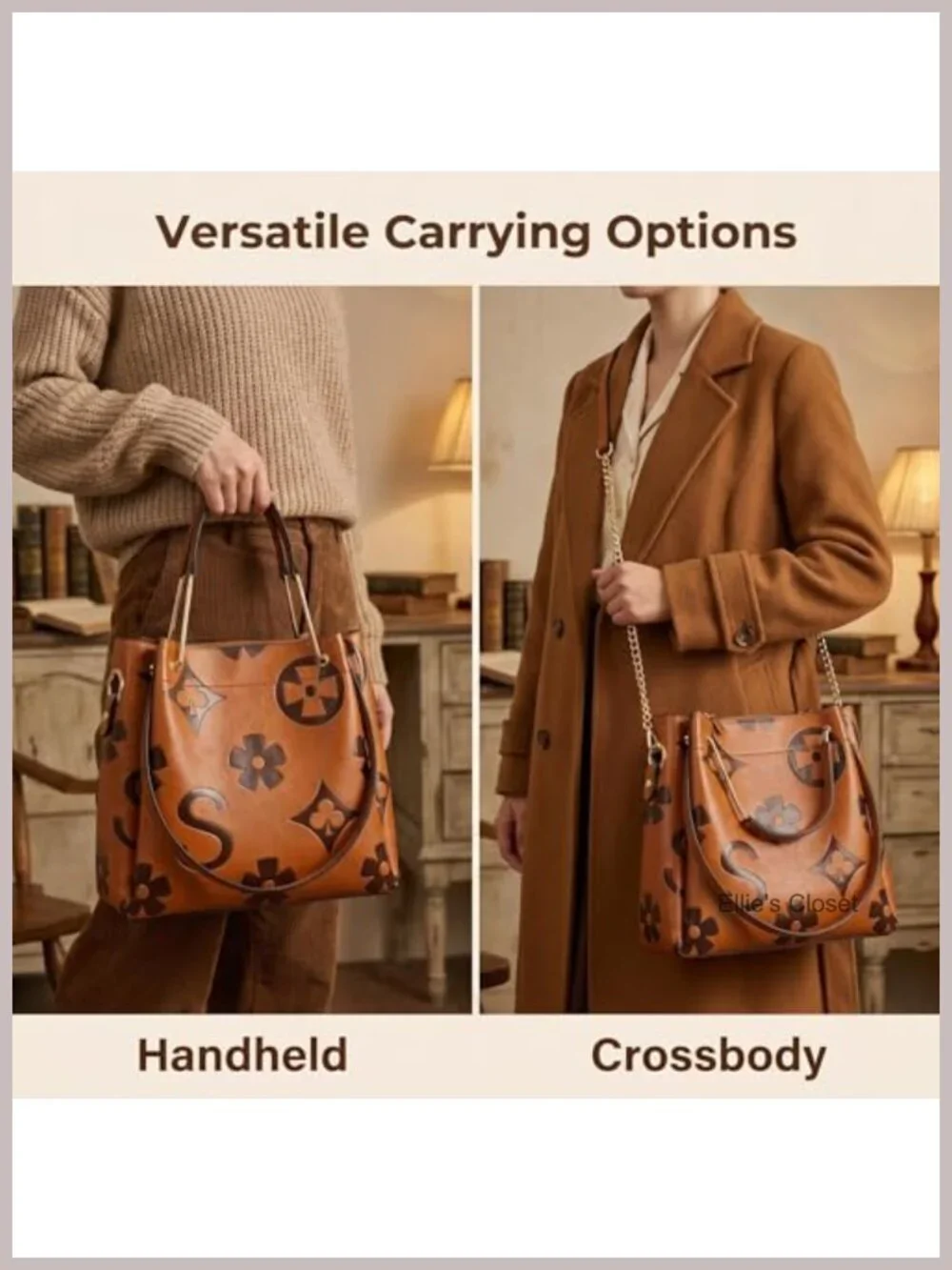 Women's Retro Monogram Crossbody Bag Vegan Leather Satchel Tote with Drawstring